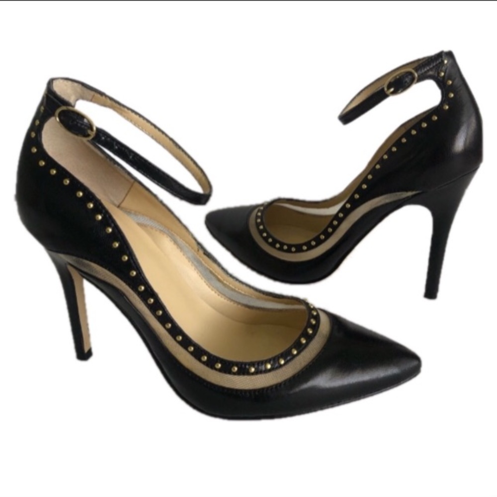 Levity Kimi black leather ankle strap gold studded pump heel fetish 5.5